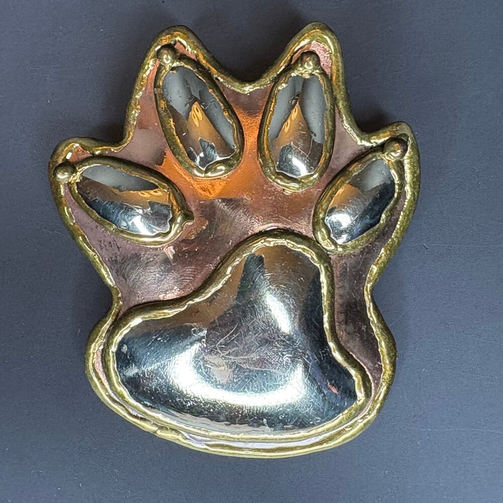 Signed SJ Handmade Soldered Paw Print Brooch Pin 3"